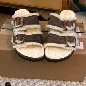 Birkenstock Dark Brown Shearling Sandals